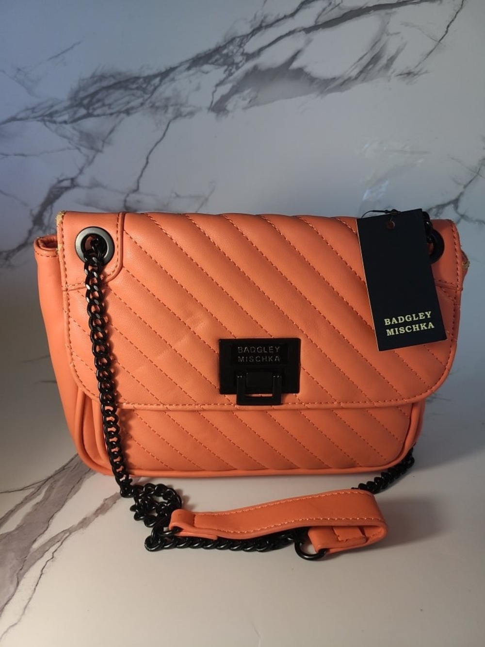 Badgley Mischka Quilted Peach-Orange Crossbody Bag with Black Chain
